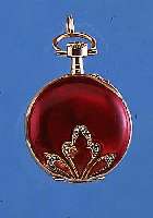 P.B. DAMENANHäNGE/TASCHENüHRCHEN, REF.-NR. 15808, SCHWEIZ UM 1900, GG 750/000, BODEN U. GLASR. TRANSL. ROT EMAILL., AUF BODEN JUGEND- STIL ...