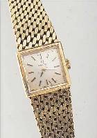 OMEGA DAMENGOLDBANDUHR, REF.-NR. 959391, SCHWEIZ UM 1965, GG 585/000-CARREE-GEH. INCL. GG-FLECHTBAND, BODEN GEDR., MINERALFLACHGL. FACETT., ...