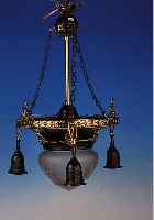 DECKENLAMPE, SPANIEN, 40ER/50ER JAHRE, BRONZE- UND MESSINGBLECH, GESCHLIFFENER GLASSCHIRM, H. CA. 80 CM, D. CA. 55 CM, ...