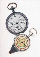 KONVOLUT: WANDERUTENSILIEN, PEDOMETER (SCHRITTMESSER), M. DEZIMALTEILUNG, EMAILBL., EINZELSCHRITTZäHLER, STAHL BRüN., 0-DRüCKER IM ...