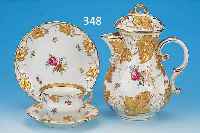 KAFFEESERVICE, PLAUE, UM 1900/10, PORZELLAN,BEST. AUS: 6 TASSEN MIT UNTERTASSEN, 6 KUCHEN-TELLER, KAFFEEKANNE, H. 26 CM, HANDBEMALT, ...