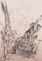 DEEGE, HEINRICH, GEB. 1920 HAßLOCH, TäTIG IN NEUSTADT, STRAßENANSICHT MIT WEINSTUBE HER- BERGE IN NEUSTADT, BLEISTIFTZEICHNUNG, HAND- SIGNIERT, ...