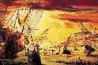 HEYGAMER, JOAQUIN, GEB. 1932, KüSTENANSICHT MIT STADT UND SEGELSCHIFF, ÖL/LWD, ZWEI RESTAURIERTE RISSE, RE. U. SIGN., CA. ...