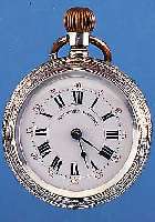 ROSKOPF PATENT HERRENTASCHENUHR LEON SCHMID, REF.-NR. 2851/10, SCHWEIZ UM 1900, 800ER SILBER, RUNDUMGRAV., BLüTENDEKOR, ORIG.-EMAIL-BL. FEIN ...