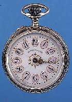 PERAL-PATENT HERRENTASCHENUHR, SCHWEIZ UM 1905, TULASILBER, RüCKS. STARK BER., DEUTL. ERKENNB. VERG., EIN VOM TIGER ANGEF. PFERD, EMAILBL. M. ...
