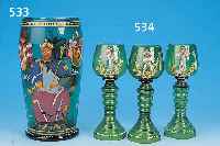 SECHS RöMER, DEUTSCH, UM 1890, , GRüNES GLAS, EMAILMALEREI, H. 20.5 CM, MIN. BEST., KAUM STöREND