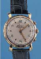 JUNGHANS/BULOVA ARMBANDWECKER, DEUTSCHLAND UM 1952, METALL M. GG-AUFLAGE, AUßER LEDERB. ORIG.-ZUSTAND, WECKZEIT EINSTELLBAR AUßEN 2, ...