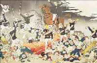 FARBHOLZSCHNITT JAPAN, UM 1901/02, DREITEILIG 73 X 36,5 CM, BOXERAUFSTAND, ZUSAMMENGESETZT, AN DEN RäNDERN, LEICHT ...