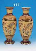 VASENPAAR, VILLEROY & BOCH METTLACH, 1913, FEINSTEINGUT, RELIEFIERT UND BUNT BEMALT, FLORALER DEKOR, H. CA. 42 CM