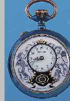 EXCLUSIV HERRENTASCHENUHR SCHEINPENDEL, SCHWEIZ UM 1912, BRüN. EDELST.-GEH., EMAILBL.,L. BESCH. AUßEN 7, GOLDPIQUETARB., AUßENTEIL ROSé, ...