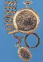 DAMENTASCHENUHR, SCHWEIZ UM 1900, GG 750/000, LEPINE, EMAILBL. M. KL. SEK., RüCKS. GRAV., DARST. TEILW. EMAILL. BLüTEN üBER ...