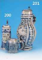 DECKELKRUG, DEUTSCH, UM 1830/40, STEINZEUG, H. 37 CM, GERITZT, BLAU BEMALT, DECKEL MONOGRAMMIERT