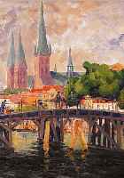 UNBEKANNTER KüNSTLER UM 1920/30, BLICK AUF DIE MARIENKIRCHE IN LüBECK, ÖL/LWD./MALKARTON,UNLESERLICH SIGN., VERSO BETITELT, 52 X 53 CM,R.