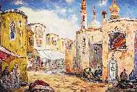 UNBEKANNTER KüNSTLER, MITTE 20. JH., ORIENTALISCHE STRASSENSZENE MIT MOSCHEE, ÖL/LWD., (MIN. FARBSCHADEN), UNLESERL. SIGN., 67 X 98 ...