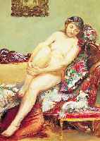 FRANZöSICHER KüNSTLER, UM 1920, NACKTE JUNGEFRAU AUF EINEM SOFA, DAVOR EIN HüNDCHEN, ÖL/HOLZ, UNSIGN., VERSO SCHWER LESBAR BEZ., 38 X 26 ...