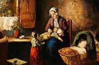 HEZEN, J. O.ä., 19. JH., WOHL HOLLäNDISCHER KüNSTLER, HIER: MUTTER MIT ZWEI KINDERN IN STUBE MIT OFFENEM HERD, ÖL/LWD. (REST.), SCHWER ...