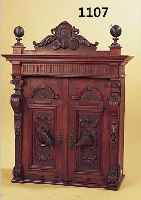 WANDSCHRäNKCHEN, DEUTSCH, UM 1880/90, NUßBAUMFURNIER, REICH VERZIERT UND GESCHNITZT,MIT PFERDEKOPFSCHNITZEREIEN, ALTERSSCHäDEN 103 X 74 ...