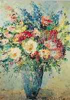 PRESCHER VAN ED, WALTER, GEB. 1916 DRESDEN , ÖL/LWD, CA. 70 X 60 CM, R., WIESENBLUMENSTRAIß IN BLAUER VASE, RE. U. SIGNIERT