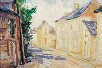 (ZSCHR.) ROMAIN, BERNARD, *1944 PARIS, HIER: DöRFLICHE HäUSERZEILE IN SOMMERLICHEM LICHT, ÖL/HARTFASER, SPäTER SIGN. ODER BEZ., 29 X 35 ...