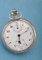 MONTRILLANT TASCHENCHRONOGRAPH, REF.-NR. 200662, SCHWEIZ UM 1935, NICKEL, KAL. 28A, EMAILBL. FEIN HAARR., 30-MIN.-STOPPZäHLER, GEBL. ...