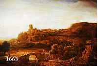 UNBEUNBEK. KÜNSTLER D. 19. JH., NACH ÄLTEREM VORBILD, HIER: ROMANTISCHE LANDSCHAFT MIT FLUSSBRÜCKE UND STADTANSICHT, ÖL/LWD., UNSIGN., 67 X ...