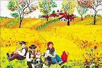 SIMON, EDITH,. GEB. 1942 DREBECEN/UNGARN, LEBT SEIT 1970 IN ÖSTERREICH, LANDSCHAFT MIT RASTENDEN BAUERN, NAIVE MALEREI AUF HART- FASER, LI. ...