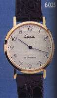 GLASHÜTTE HERRENARMBANDUHR, METALLGEH. HART-VERG., BODEN GEDR., EMAILFARB. KONTRASTZIFFER-BL., ARAB. ZIFFERN, DAMENANKERFORMWERK, GUB KAL. 09/20, ...