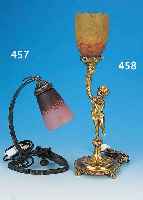TISCHLAMPE, FRANKREICH, UM 1900, SCHIRM WOHL DELATTE, MIT GELBEN UND ROTEN AUF-SCHMELZUNGEN, FUß MESSINGGUß MIT PUTTOFIGUR, ...