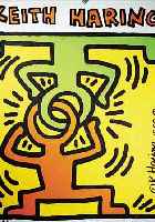 HARING, KEITH, PLAKAT ZUR AUSSTELLUNG IN DERGALERIE HANS MAYER DüSSELDORF 1988, FARB- SIEBDRUCK, LEICHT BERIEBEN, CA. 119 X 84 CM