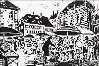 STRIEFFLER, MARIE, DER LANDAUER WOCHENMARKT,HOLZSCHNITT, HANDSIGNIERT, BETITELT UND GE- WIDMET: DER VEREIN DER H.V.ZüGELFREUNDE DANKT HERRN PROF. ...