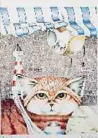FLöSSER, GERD, 1936 GORXHEIMERTAL-2000, DIE TURMKATZE AUS PORZELLAN, MEHRFARBIGE KUGELSCHREIBERZEICHNUNG, HANDSIGNIERT UND DAT.75, ...