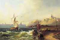 UNBEKANNTER MALER, MITTE 19. JH., , ÖL/LWD, CA. 47.5 X 65.5 CM, FISCHERBOOT UND DAMPFER VOR KüSTE MIT PERSONENSTAFFAGE, FEINE MALEREI,LWD AN ...