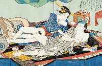 DOPPELBLATT AUS EINEM JAPANISCHEN SHUNGA-BUCH,19. JH., GOUACHE AUF PAPIER, MIT SCHRIFT- ZEICHEN, BUGFALTE AUSEINANDER UND MIT KLEINER FEHLSTELLE, ...