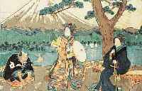 HIROSHIGE, ANDO, JAPANISCHER FARBHOLZSCHNITT, MITTE 19. JH., PERSONEN IM PARK VOR DEM FUJI, WASSERFLECKIG, EINIGE FEHLSTELLEN, DIESEZ.T. MIT ...