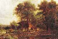 UNBEKANNTER MALER, SCHULE VON BARBIZON, UM 1860-70, GEHöFT AM FLUß, FRAU BEIM WASCHEN, ÖL/LWD, KRAKELIERT, STARK VERSCHMUTZT, REINI- ...