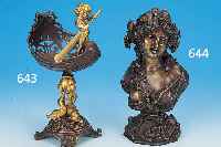 FUßSCHALE, DEUTSCH, UM 1890, , BRONZE, H. 23 CM, IN FORM EINES GOLDELFAHRENDEN, PUTTOS, GLASEINSATZ FEHLT