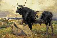 UNBEKANNTER KOPIST, UM 1900, WOHL SCHOTT- LAND, NACH VORBILD VON SIDNEY COOPER, ÖL/LWD SCHOTTISCHES HOCHLANDRIND VOR STONE HENGE LEICHTE ...