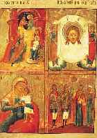 VIERFELDERIKONE, UM 1800, ZENTRALRUßLAND, GEBURT CHRISTI, MANDYLION (DAS NICHT VON MENSCHENHAND GESCHAFFENE ANTLITZ CHRISTI), ...