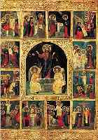 IKONE, RUSSLAND, UM 1900, MITTIG CHRISTUS M.ZWEI ENGELN, 12 VITASZENEN, STARK ABGEWASCHEN,FARBFEHLSTELLEN, SPANNUNGSRIßE, CA. 35.5 X 31 CM