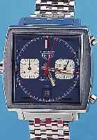 HEUER ARMBANDCHRONOGRAPH MONACO, REF.-NR. 033, SCHWEIZ UM 1971, EDELST.-STüLPGEH., ZUR BESSEREN STOPPBED. KRONE AUßEN 9, 30-MIN.-U. ...