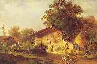 BEURLIN, WILHELM, TRIESTER KüNSTLER MITTE 19. JH., WERKE U.A. IM MUSEUM TRIEST, HIER: WALDLANDSCHAFT MIT KATEN UND PERSONEN- STAFFAGE, ...