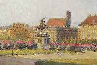 CZERMAK, GISELA, *1871 WIEN - 1956, SOMMER- LICHER PARK MIT BLüHENDEN BüSCHEN, SPAZIER- GäNGERN UND REITERSTATUE VOR STADTKULISSE (WOHL ...