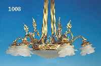 DECKENLAMPE, UM 1880, MESSING, REICHER FLO- RALER DEKOR, SECHS BRENNSTELLEN, SECHS MILCH- GLAS-ROSENSCHIRME (1X AN DER FASSUNG BESCH.), FACETT. ...