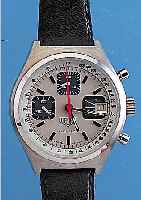 HEUER ARMBANDCHRONOGRAPH, REF.-NR. 79320, SCHWEIZ/FRANKREICH UM 1970, EDELST., BODEN GESCHR., KONTRASTZIFFERBL., 30-MIN.-STOPPZäH- LER, DATUM, ...