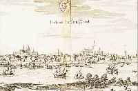 KUPFERSTICH, M. MERIAN, UM 1650, AUS THEATRUM EUROPäUM, GESAMTANSICHT ROSTOCK, CA. 27 X 65 CM, PP