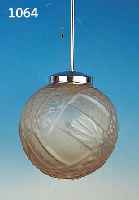 DECKENLAMPE, FRANKREICH, MULLER FRES, 30ER JAHRE, PREßGLAS UND METALL, SIGNIERT, ABSTR. GEOM. MOTIVE, H. 98 CM