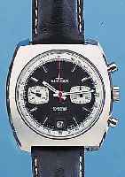 DUGENA ARMBANDCHRONOGRAPH, REF.-NR. 7734/157, SCHWEIZ UM 1971, EDELST., BODEN GESCHR., SCHW. KONTRASTZIFFERBL., 30-MIN.- ...