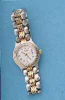ATLANTIC DAMENARMBANDUHR, REF.-NR. 6605, SCHWEIZ UM 1995, EDELSTAHL, EDELST.-BAND, MATT., LüN., KRONE, SOWIE ZWISCHENGL. ...