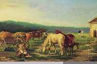 UNGARISCHE SCHULE UM 1900, WEITE LANDSCHAFT MIT HEUWAGEN, PFERDEN UND PERSONEN, ÖL/LWD. (ALTERSSPUREN), SCHWER LESBAR SIGN. ODER BEZ.,32 X 53 CM, ...