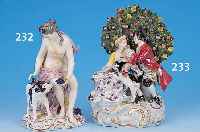 PORZELLANFIGUR, POTSCHAPPEL, UM 1870/80, GALANTES PAR MIT HüNDCHEN VOR BLüHENDEM BAUM, BUNTE BEMALUNG, GOLDSTAFFAGE, H. CA. 20 CM, NACH ENGL. ...